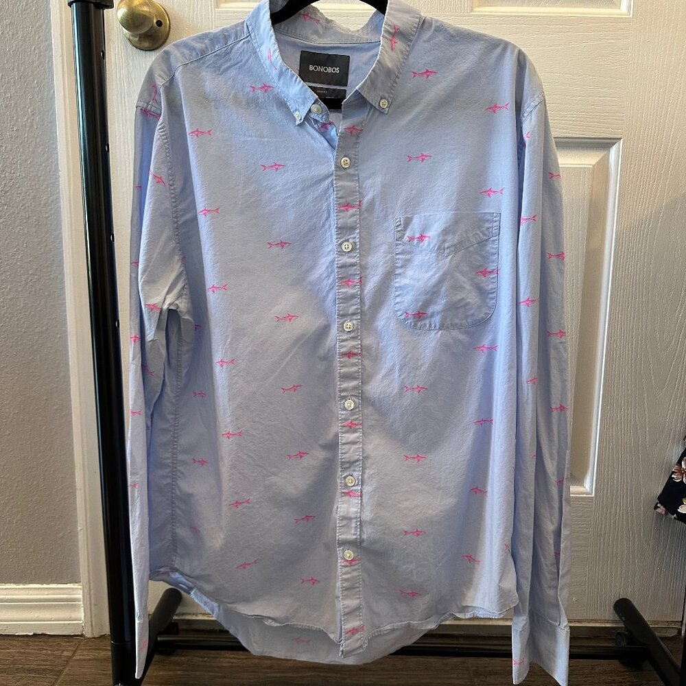 Bonobos Blue Button Down with Pink Sharks Size Slim Fit XL